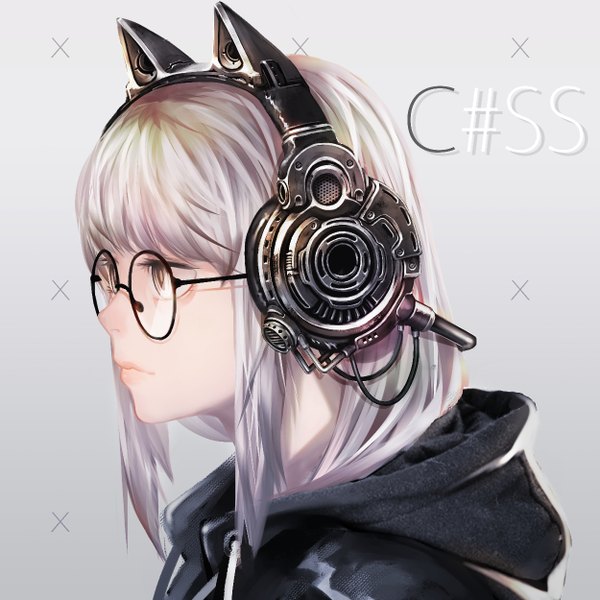 Anime picture 1250x1250 with original jellycarrot single long hair fringe simple background brown eyes looking away upper body profile lips grey hair grey background mechanical girl headphones hood cable cat ear headphones