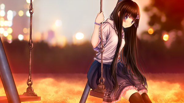 Anime picture 1280x720 with ayame no machi to ohimesama kazuharu kina single long hair looking at viewer blush blue eyes black hair wide image sitting game cg hair flower turning head evening sunset girl thighhighs skirt hair ornament flower (flowers)