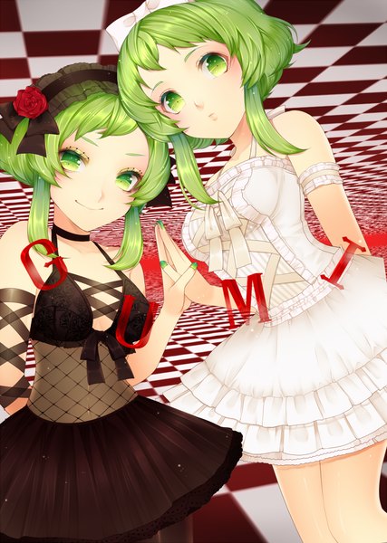 Anime picture 721x1013 with vocaloid gumi momoshiki tsubaki tall image looking at viewer short hair smile bare shoulders multiple girls green eyes green hair dual persona checkered background girl dress 2 girls headdress
