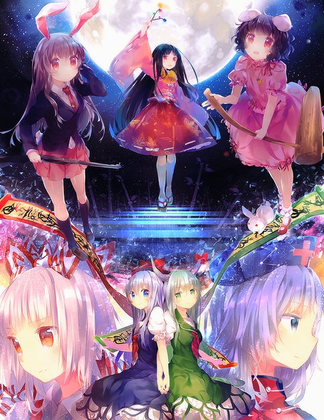 Anime picture 695x900 with touhou imperishable night reisen udongein inaba fujiwara no mokou houraisan kaguya kamishirasawa keine inaba tewi yagokoro eirin ex-keine namie-kun long hair tall image blush fringe short hair blue eyes red eyes sitting multiple girls green eyes