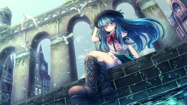Anime picture 1920x1080 with touhou hinanawi tenshi t.m (aqua6233) single long hair looking at viewer fringe highres open mouth hair between eyes red eyes wide image sitting blue hair sky cloud (clouds) arm up wind arm support :o