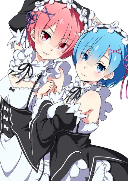 Anime picture 600x847 with re:zero kara hajimeru isekai seikatsu white fox rem (re:zero) ram (re:zero) huyumitsu tall image looking at viewer blush fringe short hair blue eyes light erotic simple background smile red eyes white background multiple girls blue hair pink hair blunt bangs