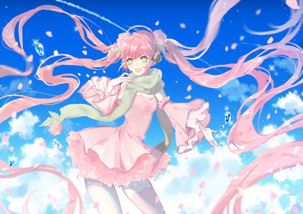 Anime picture 2500x1772 with vocaloid hatsune miku sakura miku yuzhi single looking at viewer blush fringe highres open mouth twintails green eyes pink hair sky cloud (clouds) very long hair nail polish sparkle girl thighhighs