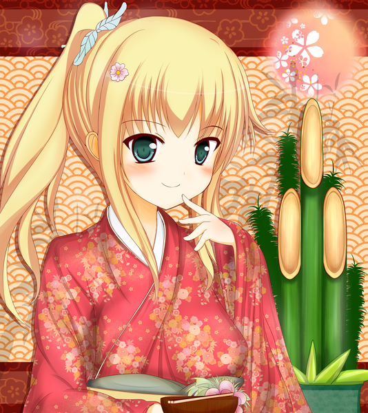 Anime picture 2362x2657 with boku wa tomodachi ga sukunai kashiwazaki sena long hair tall image blush highres blonde hair smile green eyes ponytail japanese clothes finger to mouth seigaiha girl hair ornament plant (plants) butterfly hair ornament yukata bamboo kadomatsu