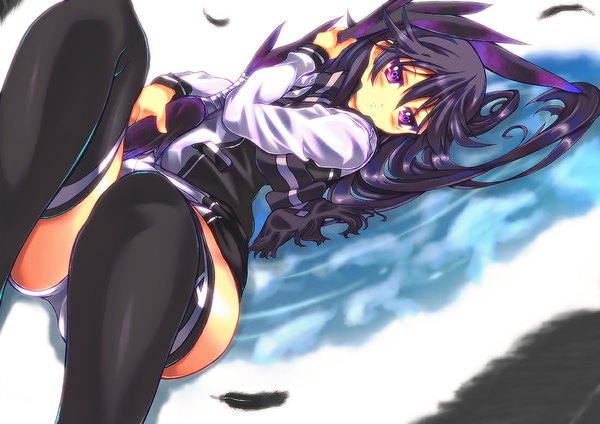 Anime picture 1100x778 with vividred operation kuroki rei hase nanase single long hair looking at viewer blush light erotic purple eyes purple hair reflection girl thighhighs black thighhighs water feather (feathers)