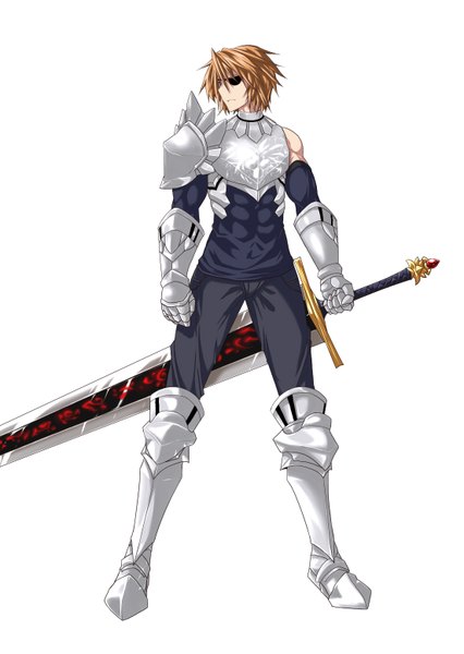 Anime picture 1104x1553 with original kaho single tall image short hair blue eyes simple background blonde hair white background boy gloves weapon armor eyepatch huge weapon huge sword