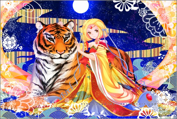 Anime picture 1500x1014 with original aya-mei short hair simple background blonde hair brown eyes cloud (clouds) traditional clothes japanese clothes night night sky abstract girl flower (flowers) bow hair bow detached sleeves animal kimono moon