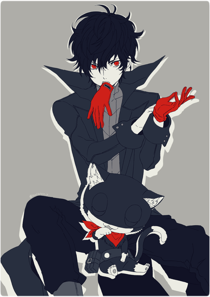 Anime picture 848x1200 with persona 5 persona amamiya ren morgana (persona 5) kawasemi sumika single tall image looking at viewer fringe short hair simple background hair between eyes red eyes sitting holding signed eyes closed grey background twitter username mouth hold