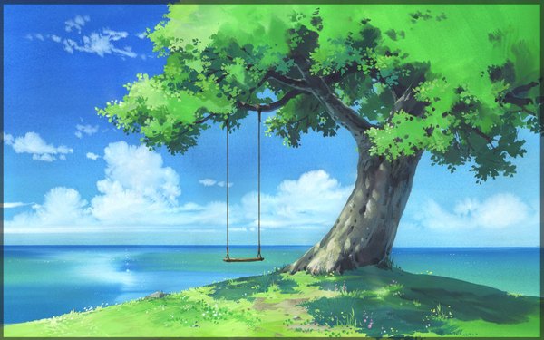 Anime picture 2380x1491 with original taka-chin highres wide image sky cloud (clouds) shadow border no people landscape summer flower (flowers) plant (plants) tree (trees) water sea grass swing
