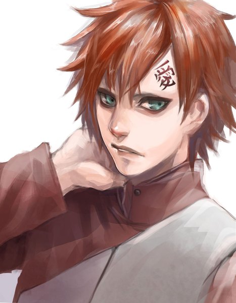 Anime picture 1000x1284 with naruto studio pierrot naruto (series) gaara marimari999 single tall image looking at viewer fringe short hair simple background hair between eyes brown hair white background green eyes parted lips arm up hieroglyph portrait jinchuriki