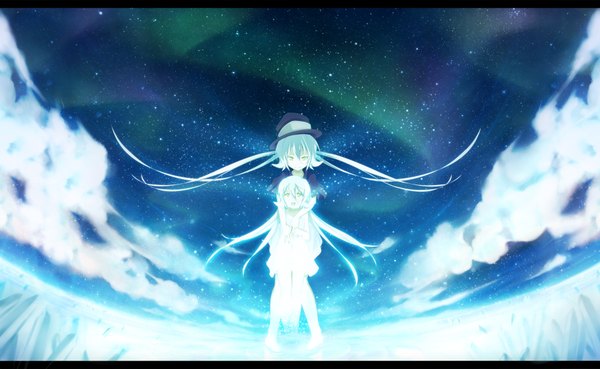 Anime picture 4000x2463 with original dennryuurai long hair looking at viewer fringe highres open mouth wide image twintails multiple girls yellow eyes absurdres sky cloud (clouds) aqua hair night girl 2 girls hat star (stars)