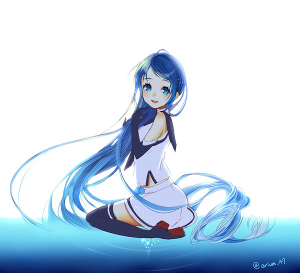 Anime picture 961x876 with kantai collection samidare destroyer yu-ri single blush open mouth blue eyes white background sitting signed blue hair looking away very long hair looking back light smile wind high heels adjusting hair girl skirt
