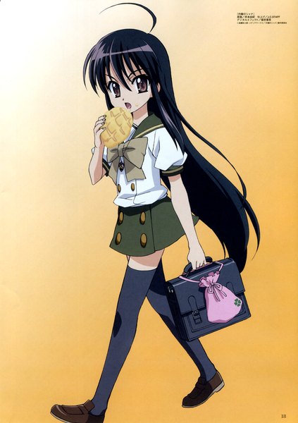 Anime picture 1410x2000 with shakugan no shana j.c. staff shana imoto yuki single long hair tall image looking at viewer fringe open mouth black hair simple background brown eyes ahoge scan official art walking orange background girl thighhighs