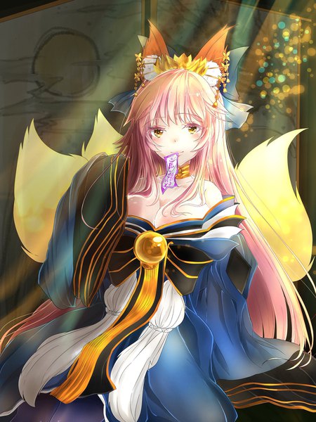 Anime picture 1536x2048 with fate (series) fate/extra tamamo (fate) (all) tamamo no mae (fate) nik9 single tall image looking at viewer blush fringe breasts light erotic large breasts sitting bare shoulders holding animal ears yellow eyes pink hair cleavage