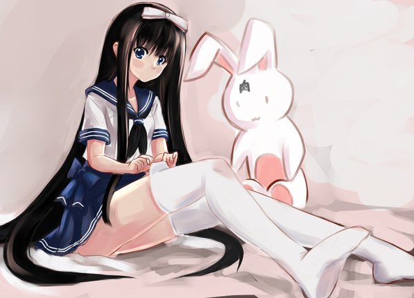 Anime picture 3437x2480 with original allenes single long hair looking at viewer highres blue eyes light erotic black hair sitting signed absurdres girl thighhighs bow hair bow white thighhighs toy stuffed animal stuffed rabbit