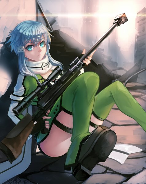 Anime picture 1597x2010 with sword art online a-1 pictures asada shino tongyaohuan single tall image looking at viewer short hair blue eyes blue hair girl hair ornament weapon jacket boots scarf gun sniper rifle