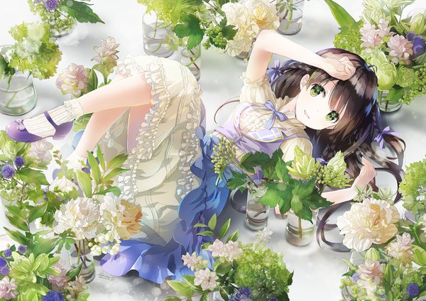 Anime picture 1754x1240 with original naruse chisato single long hair looking at viewer fringe highres open mouth black hair smile green eyes ahoge lying braid (braids) :d hand on head girl dress flower (flowers) bow
