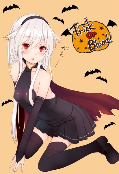 Anime picture 825x1200 with original afilia (kiyomin) kiyomin single long hair tall image looking at viewer blush open mouth light erotic red eyes bare shoulders white hair halloween trick or treat girl thighhighs dress black thighhighs animal