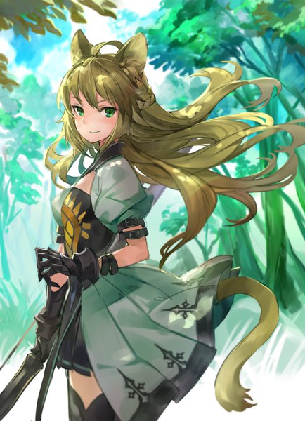 Anime picture 715x989 with fate (series) fate/grand order fate/apocrypha atalanta (fate) yoshimo (yoshimo1516) single long hair tall image looking at viewer blush fringe blonde hair hair between eyes standing holding green eyes animal ears ahoge outdoors tail