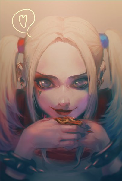 Anime picture 1378x2039 with batman suicide squad dc comics harley queen horuwami single long hair tall image looking at viewer blue eyes simple background blonde hair smile twintails nail polish lipstick facial mark portrait eyeshadow red lipstick