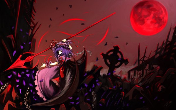 Anime picture 1280x800 with touhou remilia scarlet usual red eyes wide image purple hair night bat wings red moon girl wings moon chain cross full moon spear polearm spear the gungnir grave