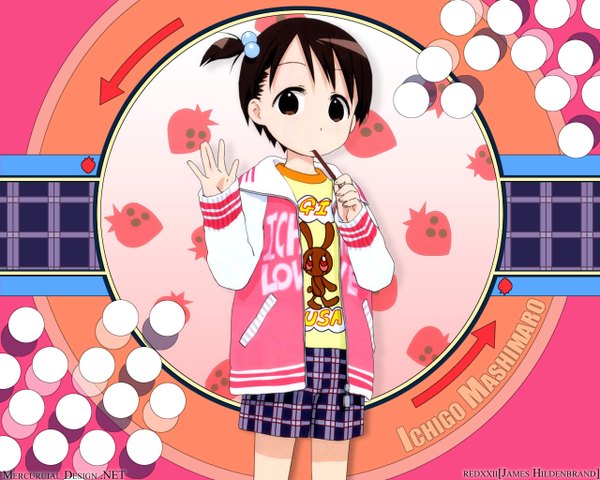 Anime picture 1280x1024 with ichigo mashimaro itou chika single looking at viewer fringe short hair brown hair long sleeves arm up black eyes open jacket side ponytail girl food jacket sweets berry (berries) hair bobbles strawberry pocky