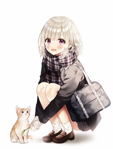 Anime picture 1200x1576 with original weri single tall image looking at viewer blush fringe short hair open mouth simple background smile white background purple eyes holding silver hair full body bent knee (knees) blunt bangs long sleeves :d