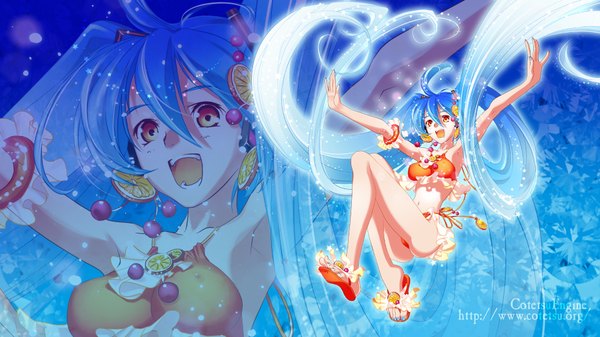 Anime picture 1920x1080 with vocaloid hatsune miku cotetsuengine long hair highres open mouth light erotic wide image twintails yellow eyes blue hair very long hair zoom layer girl swimsuit fruit orange (fruit)