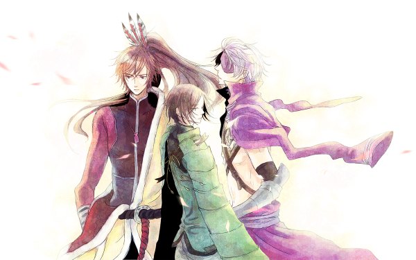 Anime picture 1200x750 with sengoku basara production i.g motochika chousokabe motonari mouri maeda keiji lacq long hair short hair brown hair wide image white background white hair ponytail very long hair profile looking back wind from behind back clothes on shoulders