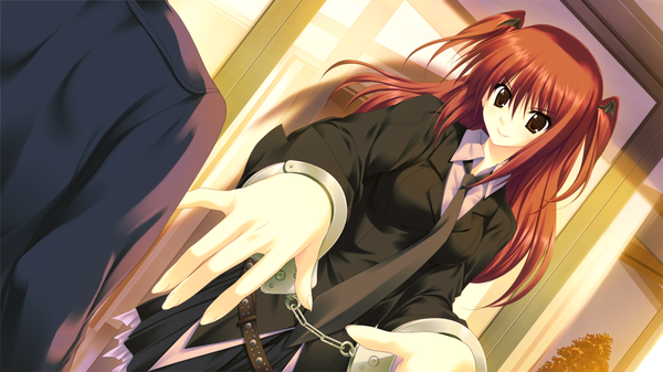 Anime picture 1024x576 with nekonade distortion nanakase yui long hair wide image twintails brown eyes game cg red hair short twintails girl necktie handcuffs