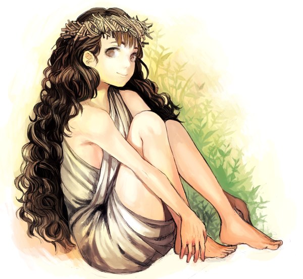 Anime picture 2480x2289 with original naguri single long hair looking at viewer fringe highres smile brown hair sitting bare shoulders brown eyes barefoot no shoes wavy hair girl plant (plants) toes wreath