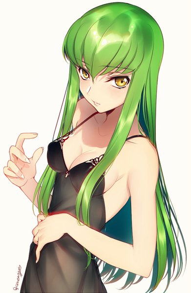 Anime picture 600x919 with code geass sunrise (studio) c.c. creayus single long hair tall image looking at viewer fringe breasts light erotic simple background hair between eyes white background bare shoulders signed yellow eyes upper body parted lips arm up
