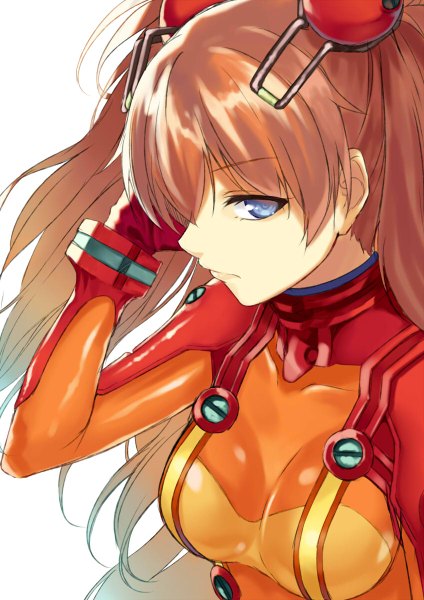 Anime picture 848x1200 with neon genesis evangelion gainax soryu asuka langley cccpo single long hair tall image blue eyes simple background brown hair white background close-up girl hair ornament hairclip bodysuit pilot suit