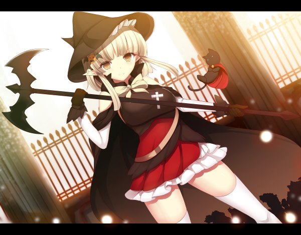 Anime picture 1200x938 with original daiaru single long hair looking at viewer brown eyes white hair pointy ears halloween witch girl thighhighs dress gloves weapon hat animal white thighhighs black gloves cape