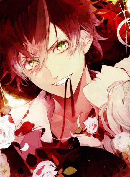 Anime picture 2048x2787 with diabolik lovers idea factory sakamaki ayato komori yui tall image looking at viewer highres short hair blonde hair smile green eyes red hair vampire girl boy