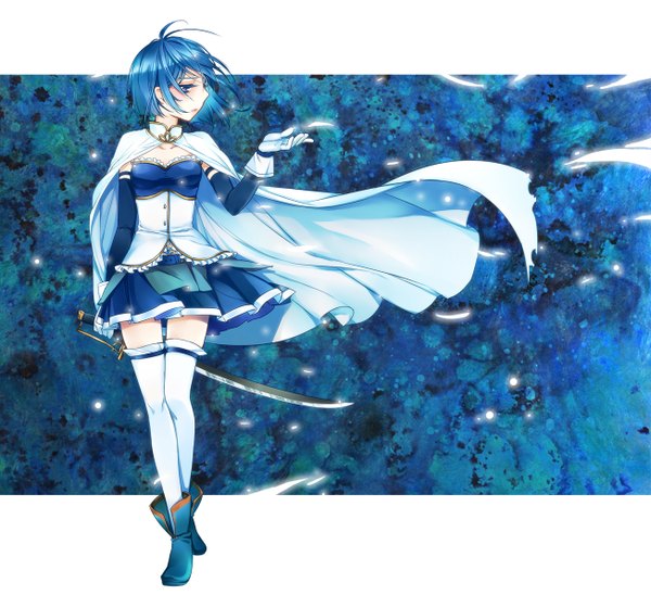 Anime picture 1304x1191 with mahou shoujo madoka magica shaft (studio) miki sayaka matilda single short hair blue eyes blue hair profile girl thighhighs gloves weapon petals sword elbow gloves katana cloak