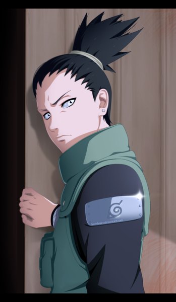 Anime picture 800x1374 with naruto studio pierrot naruto (series) nara shikamaru tremblax single long hair tall image black hair ponytail looking back black eyes coloring boy earrings vest