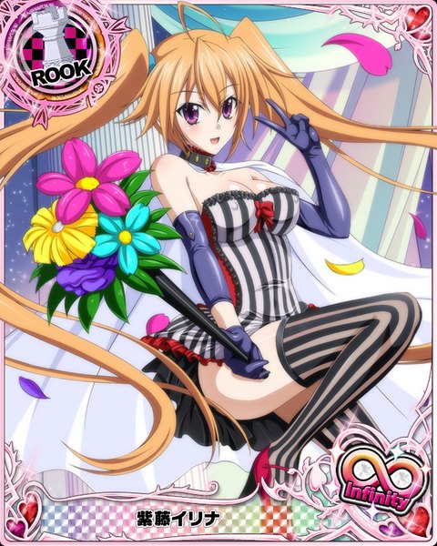 Anime picture 640x800 with highschool dxd shidou irina single tall image looking at viewer blush breasts open mouth light erotic brown hair purple eyes twintails very long hair card (medium) girl thighhighs dress gloves flower (flowers) petals