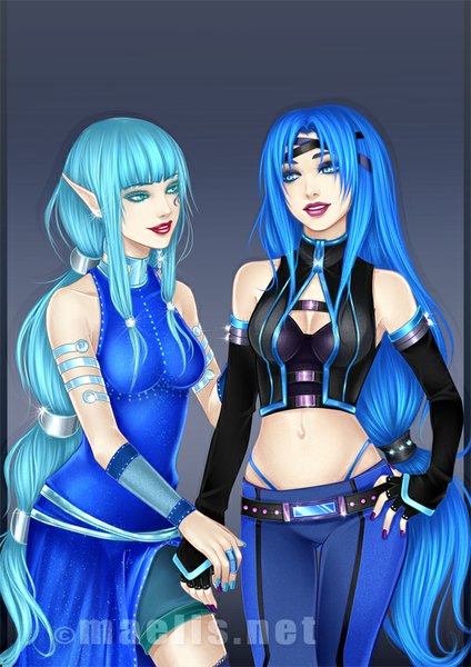 Anime picture 600x848 with original m-aelis tall image breasts blue eyes simple background multiple girls blue hair very long hair aqua eyes lips pointy ears aqua hair hand on hip lipstick red lipstick girl navel 2 girls belt