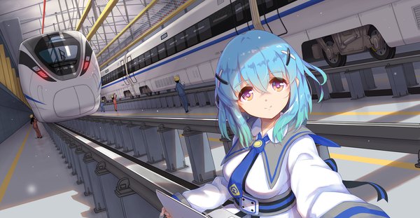 Anime picture 2077x1080 with original ericsakura looking at viewer fringe highres short hair smile hair between eyes wide image brown eyes blue hair upper body solo focus outstretched hand girl necktie x hair ornament people train railroad tracks