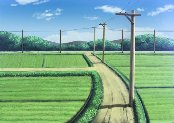 Anime picture 1052x744 with original sentzk cloud (clouds) mountain no people field plant (plants) tree (trees) grass wire (wires) rice paddy