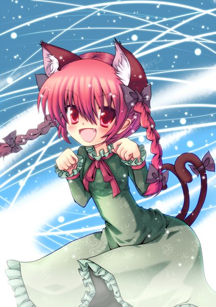 Anime picture 1748x2480 with touhou kaenbyou rin cicin (artist) long hair tall image highres open mouth red eyes animal ears red hair braid (braids) animal tail cat ears loli twin braids extra ears girl dress bow hair bow