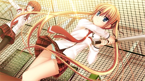 Anime picture 1280x720 with sakura sakimashita minato miu akizuki tsukasa long hair blue eyes light erotic blonde hair brown hair wide image twintails multiple girls game cg pantyshot girl skirt 2 girls miniskirt shirt necktie baseball bat