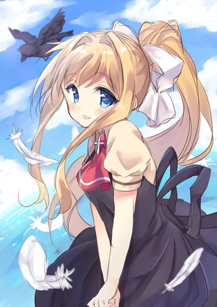 Anime picture 2507x3541 with air key (studio) kamio misuzu momoirone single long hair tall image looking at viewer blush highres open mouth blue eyes blonde hair smile payot sky cloud (clouds) ponytail wind short sleeves