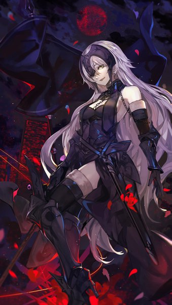 Anime picture 1413x2500 with fate (series) fate/grand order fate/apocrypha jeanne d'arc (fate) (all) jeanne d'arc alter (fate) jeanne d'arc alter (avenger) (third ascension) (fate) saberiii single tall image looking at viewer fringe open mouth hair between eyes bare shoulders holding yellow eyes silver hair very long hair red moon girl