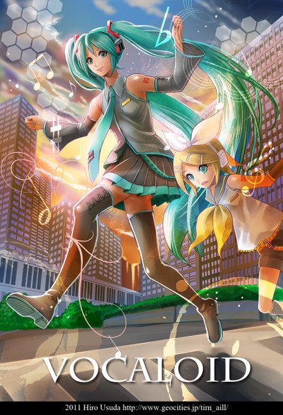 Anime picture 1024x1497 with vocaloid hatsune miku kagamine rin usudahiro tall image short hair blonde hair smile twintails multiple girls green eyes bent knee (knees) very long hair pleated skirt green hair wide sleeves tattoo jumping walking girl