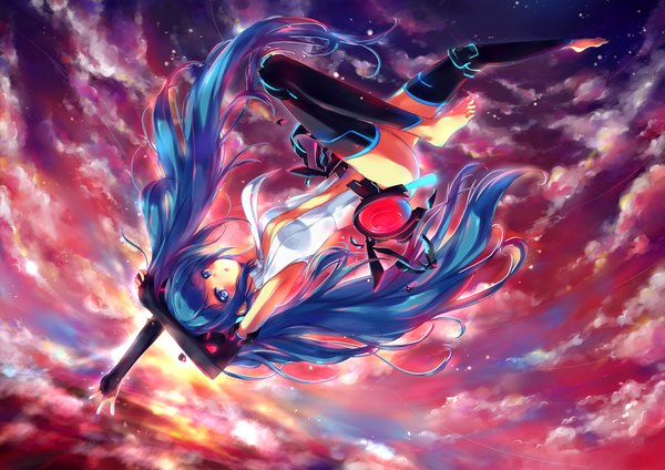 Anime picture 1000x707 with vocaloid vocaloid append hatsune miku hatsune miku (append) yukihomu single long hair open mouth blue eyes twintails blue hair sky cloud (clouds) sunlight armpit (armpits) evening sunset girl thighhighs black thighhighs