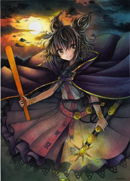 Anime picture 722x1000 with touhou toyosatomimi no miko mosho single tall image looking at viewer short hair smile brown hair brown eyes signed sky cloud (clouds) evening sunset traditional media watercolor (medium) girl dress bracelet
