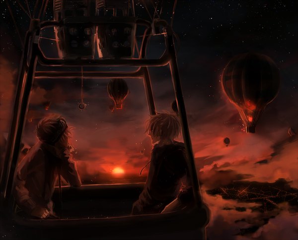 Anime picture 1550x1252 with original yurui karameru short hair sitting looking away cloud (clouds) white hair night multiple boys night sky city evening sunset flying polka dot city lights boy star (stars) 2 boys aircraft