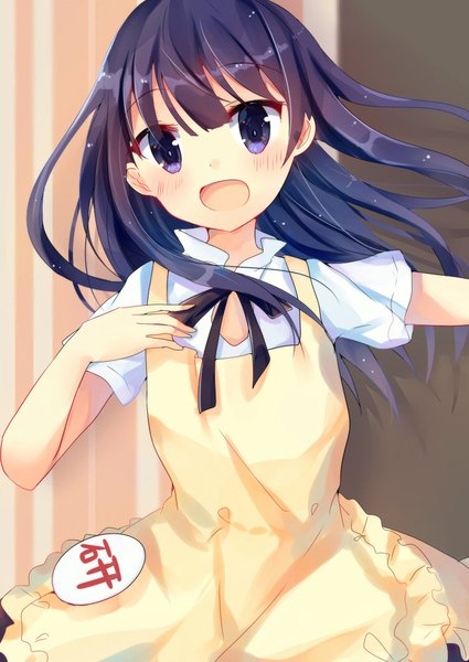 Anime picture 752x1062 with working!! a-1 pictures yamada aoi asanagi kurumi (panda-doufu) single long hair tall image looking at viewer blush fringe open mouth purple eyes purple hair outstretched arm waitress girl apron badge